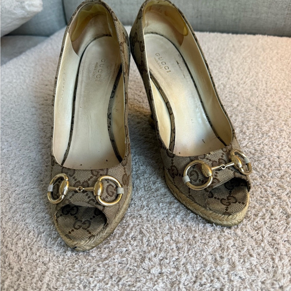 Gucci Brown Monogram Peep-Toe Wedge Espadrilles - Picture 9 of 12